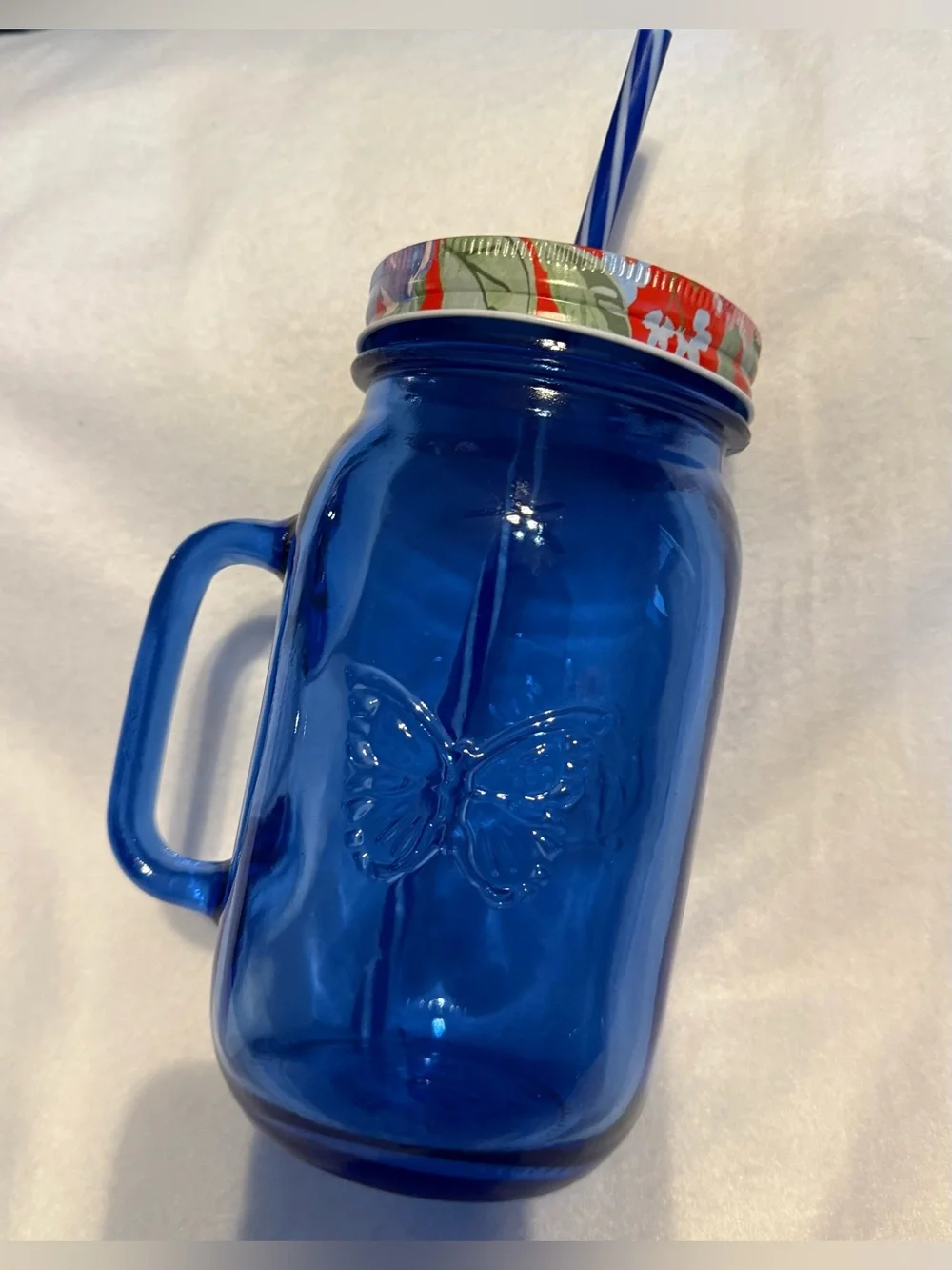 Pioneer Woman Blue Glass Mason Jar Mug Tumbler w/ Floral Lid & Straw 32oz